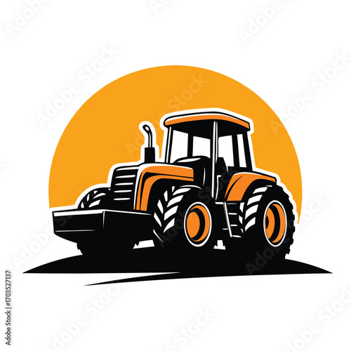 Vintagestyled orange and black tractor stands boldly against a solid, bright yellow backdrop
