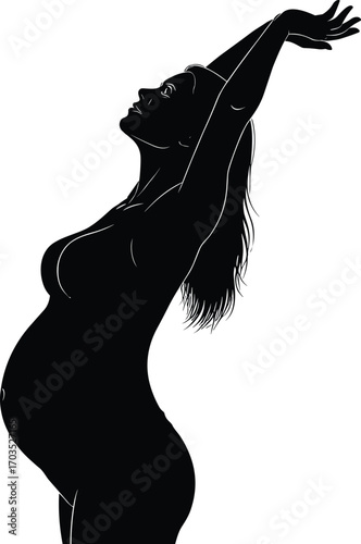 Silhouette of happy pregnant woman stretching arms up, celebrating motherhood, prenatal health, strong body, confidence, feminine beauty, vector illustration
