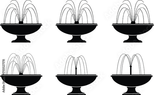 Set of fountain icons, water features, garden fountains, decorative water jets, park ornament, vector illustration, landscape design elements, splash effects, outdoor decoration