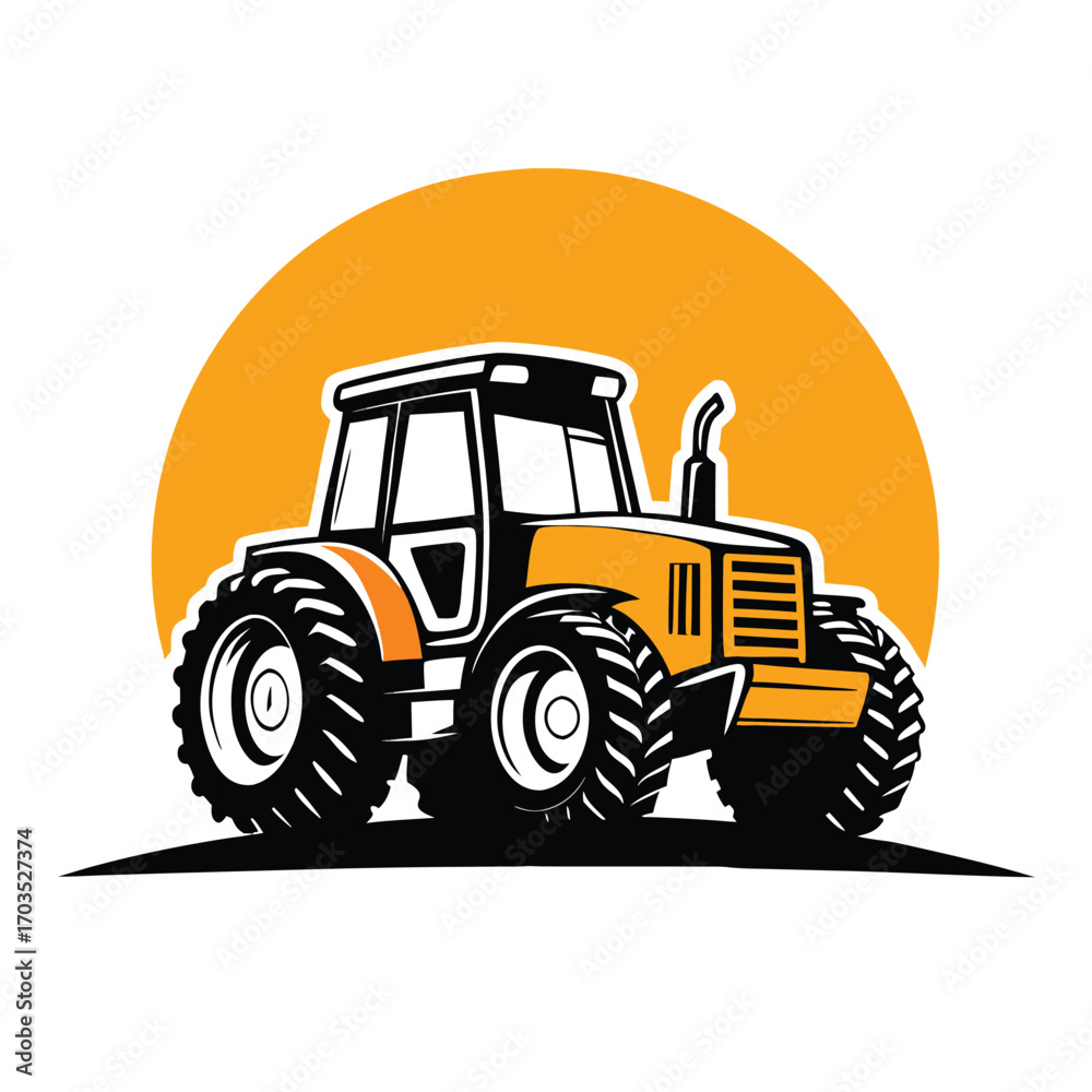 Obraz premium Bold cartoon yellow tractor appears over a black ground and orange backdrop