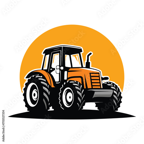 An orange and black tractor is displayed with a matching circular backdrop perfectly