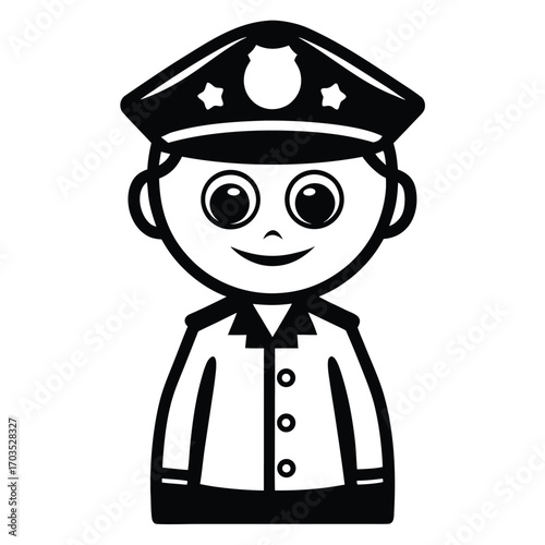 Cartoon officer icon is smiling while wearing his uniform in black and white
