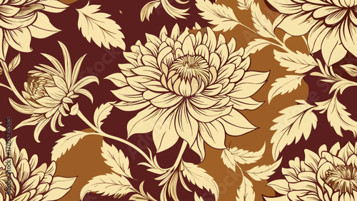 Creamy yellow chrysanthemums on a deep red and brown background floral leaves