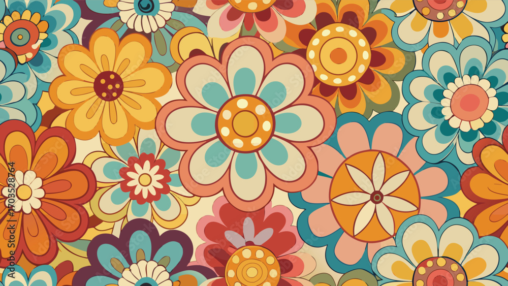 Retro Floral Pattern With Orange Yellow Blue And Red Flowers vintage