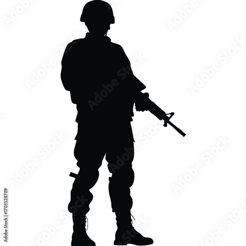 Soldier wearing uniform holds a rifle, remaining in a silhouette against a white backdrop