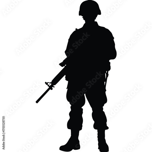 Solider in uniform holding a rifle at the ready is displayed as a black silhouette