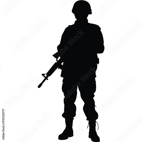 Soldier's silhouette displays a rifle and helmet in a standing posture, casting a shadow
