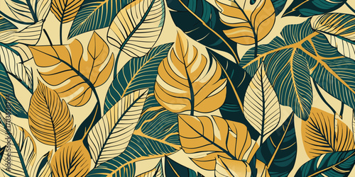 Tropical foliage pattern with golden yellow and deep teal leaves tropical leaves botanical