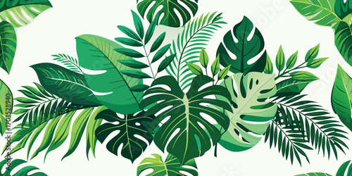 Lush green tropical foliage with monstera and palm leaves tropical leaves