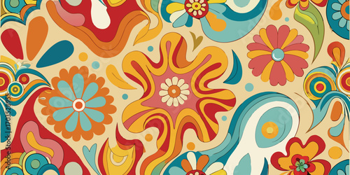 Psychedelic floral pattern with swirling shapes and vibrant colors vector