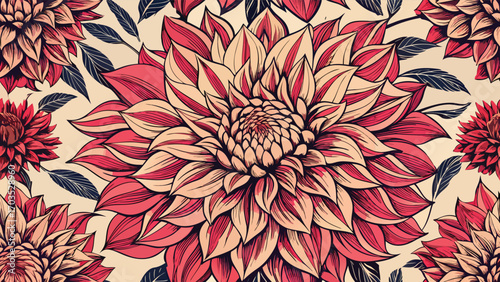 Vibrant floral pattern with layered petals and dark leaves dahlia