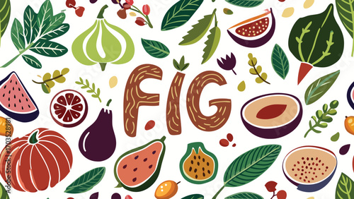 Colorful fruits and leaves pattern figs watermelon