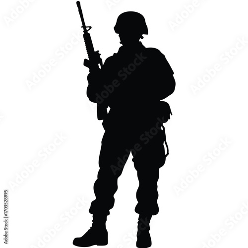 Silhouette shows standing soldier holding rifle and wearing helmet and tactical gear ready for duty