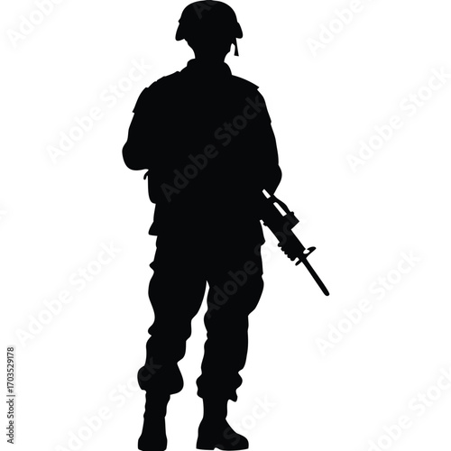 Silhouette shows a fully geared soldier standing, holding a rifle in a determined stance