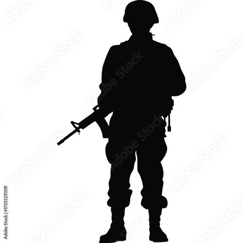 Silhouette shows fully equipped soldier holding a rifle and standing firmly, embodying readiness