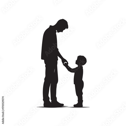 Silhouette of father and son holding hands, family love and relationship vector illustration