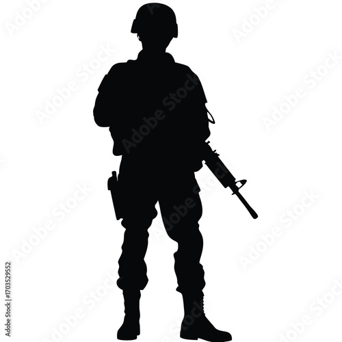 Black silhouette shows an armed soldier standing at attention holding a rifle confidently