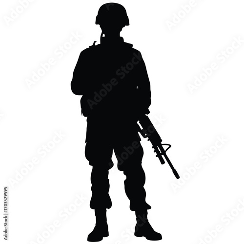 Silhouette depicts a soldier in combat gear holding a rifle, standing at attention