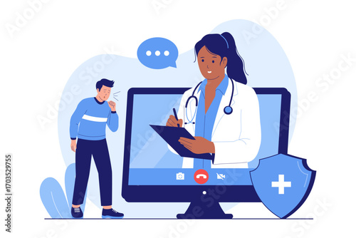Illustration of Online Doctor Consultation and Telemedicine. Patient Having a Video Call with a Medical Professional for Remote Healthcare.