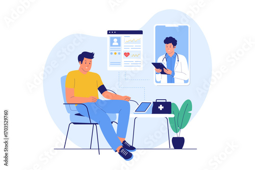 Illustration of Remote Patient Monitoring and Telehealth. Patient Using Technology to Track Health Data from Home