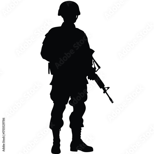 Silhouette displays armed soldier in combat gear standing firmly and ready for action