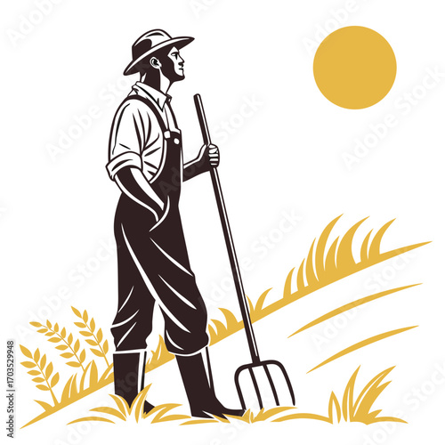 Farmer with hat standing amid crop holds a fork staring at the sun
