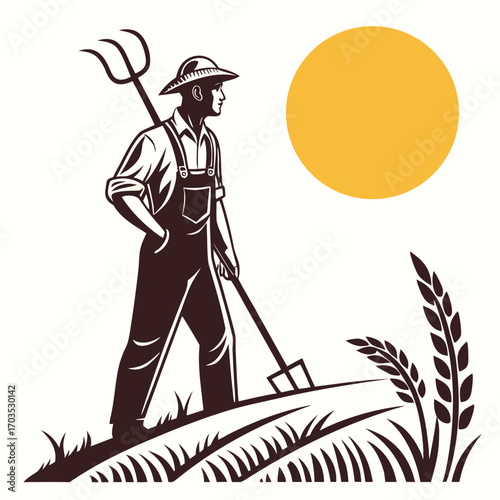 Contemplative farmer carrying a pitchfork looks over golden crops at sunset, showcasing agricultural heritage