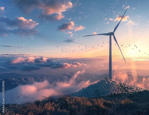 Serene sunset over a mountain landscape featuring a wind turbine, with birds flying amidst clouds