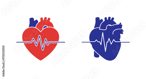 Cardiology icon set with anatomical human heart and heartbeat pulse line. Vector illustration for medical, healthcare, and wellness concepts on a white background