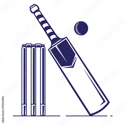 Cricket game equipment illustration featuring a bat ball and wicket on a clean white background