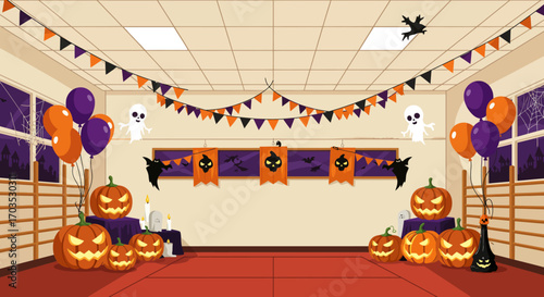 Festive cartoon interior of a hall decorated for a Halloween celebration with pumpkins, ghosts, and garlands