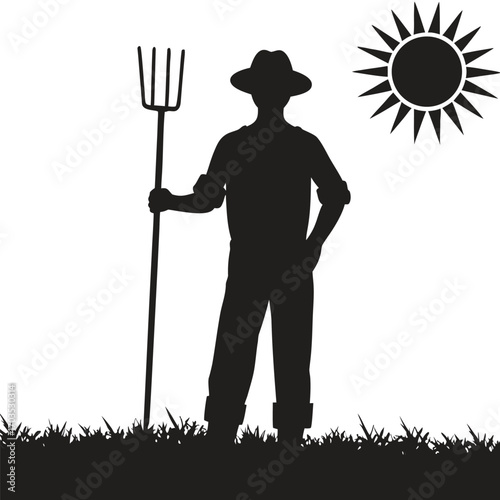 Silhouette farmer holding pitchfork stands in field under a bright sun on white backdrop