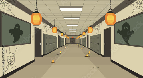 Empty school hallway perspective with festive Halloween decor, including glowing lanterns, ghosts, and spiderwebs illustration
