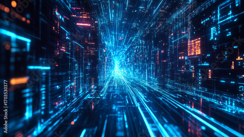 Futuristic digital tunnel with vibrant lights and data streams intersecting