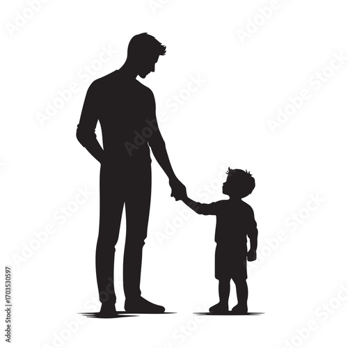 Silhouette of father and son holding hands, family love and relationship vector illustration