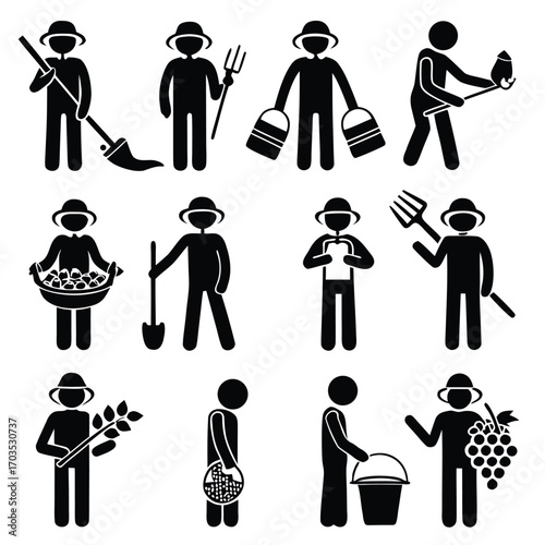 Various stick figure farmers with their harvest crops and gardening equipment are shown
