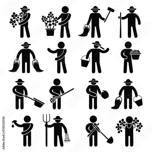 Stick figure collection of agricultural worker holding tool, carrying harvest, plants, bucket, wearing hat