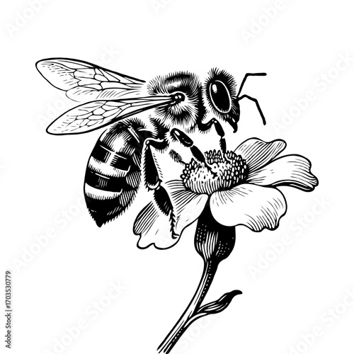 Detailed ink illustration of a bee pollinating a flower in black and white style on white background, concept of nature and pollination