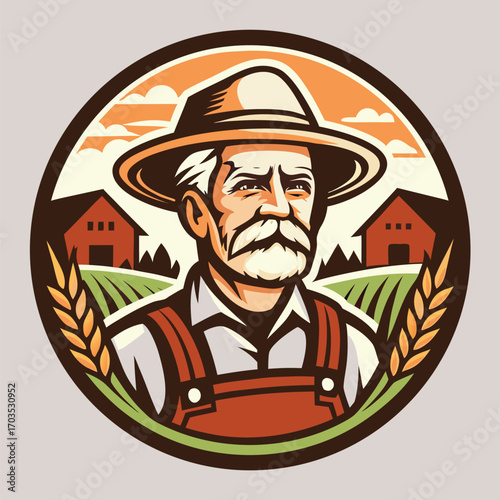 Old farmer wearing overalls stands before farm buildings and wheat stalks emblem