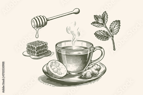 Hot herbal tea with lemon, honey, ginger, and mint in engraved vintage sketch style on beige background, concept of natural health remedy