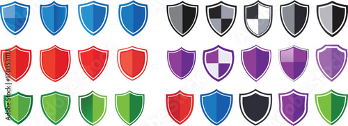 Protection security shields icons set Collection: A diverse collection of shields, variety of colors and styles, symbolizing defense, safety, and guardianship.