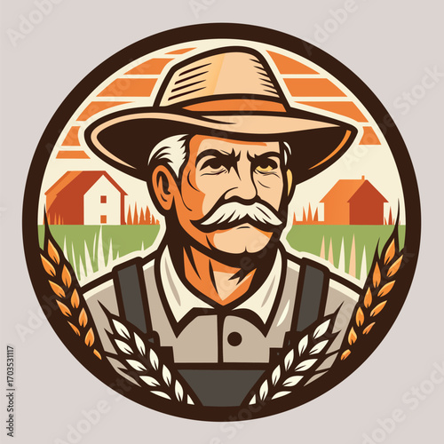 Mustachioed farmer with a hat observes the rural fields and farmhouses on a round badge