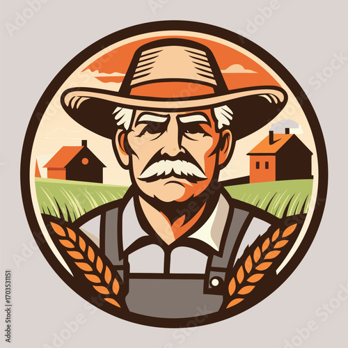Stern farmer wearing overalls stands before his farm with wheat stalks in foreground