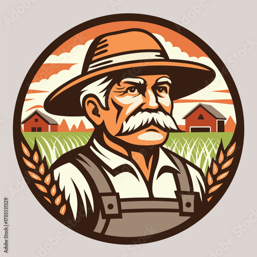 Portrait shows determined farmer with hat, mustache, and barns within wheat field