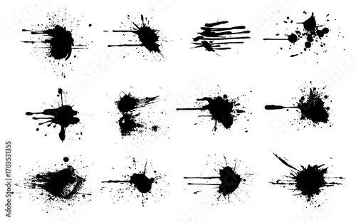 Collection of Black ink blots with drops. Different  Paint ink splatter, stains set. Splash of paints with drops.
