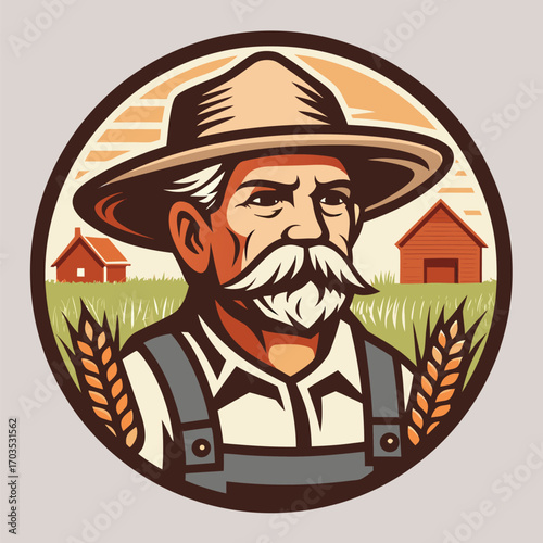 Vintage farmer with mustache stands before a barn and wheat in an oval