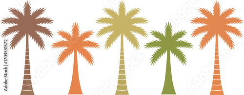 Illustration of five colorful palm trees in a minimalist style, tropical, nature, summer, vacation, leisure, travel, eco-friendly, vector art.