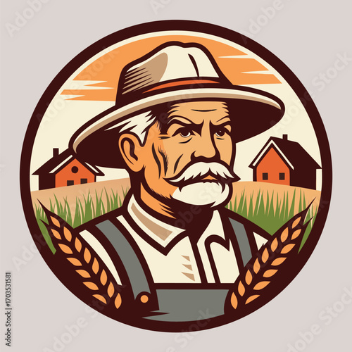 Serious Caucasian farmer wearing hat and overalls overlooks farmland within an oval emblem