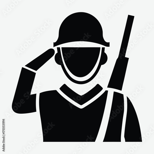 Silhouette shows soldier in helmet saluting with rifle over shoulder for defense