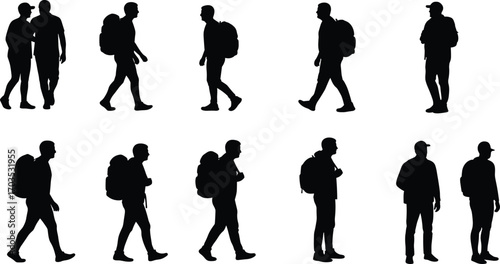 Silhouette of backpackers walking, male and female hikers, black travel vector, trekking people illustration, outdoor adventure human icons